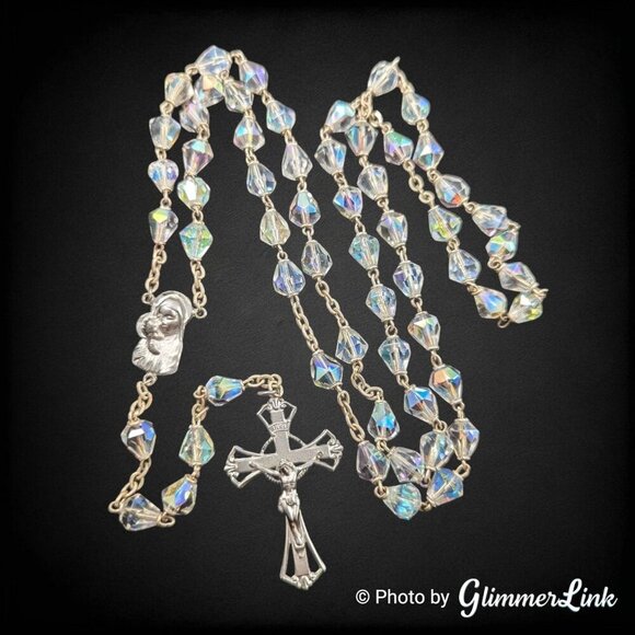 Vintage Clear Aurora Borealis Conic Faceted Beaded Silver Tone Catholic Rosary - Picture 1 of 13